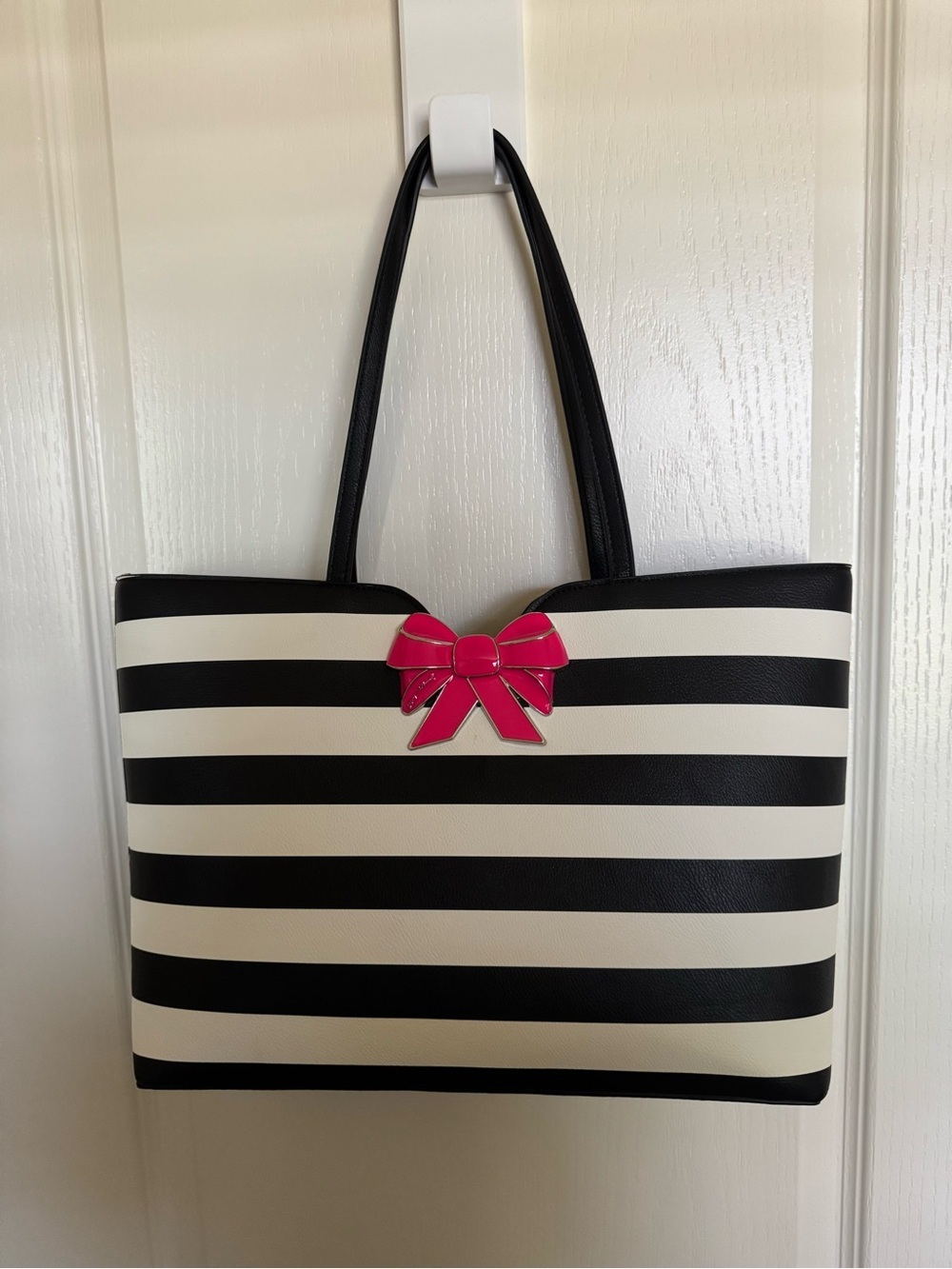 Betsey Johnson Striped Shoulder Bag Tote Hot Pink Enamel Bow
